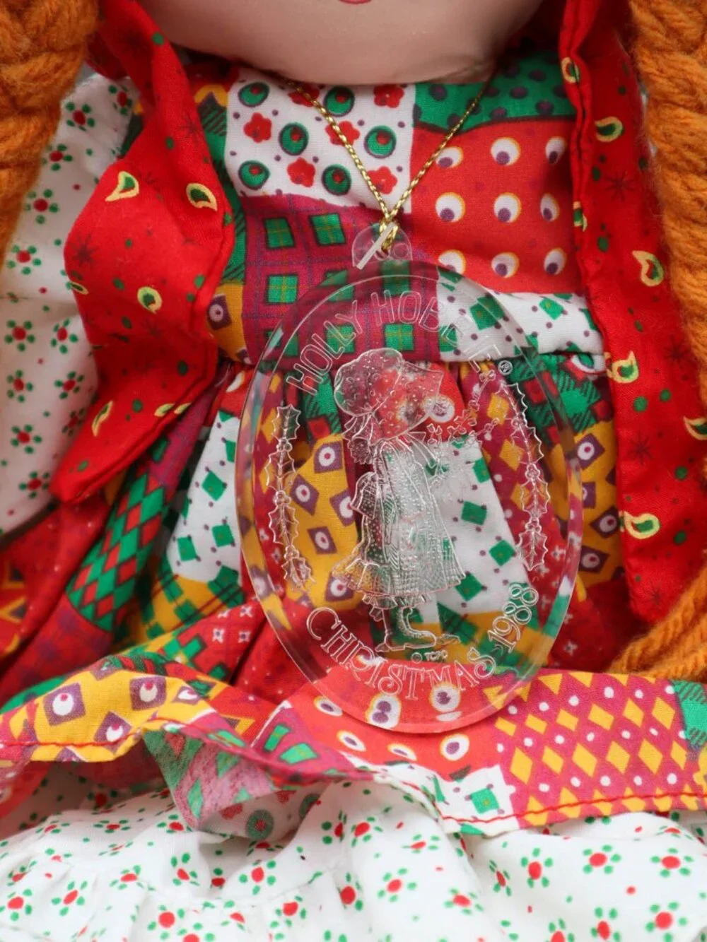 Vintage Holly Hobbie Christmas 1988 Plush Rag Doll w/ Ornament Redhead Patchwork